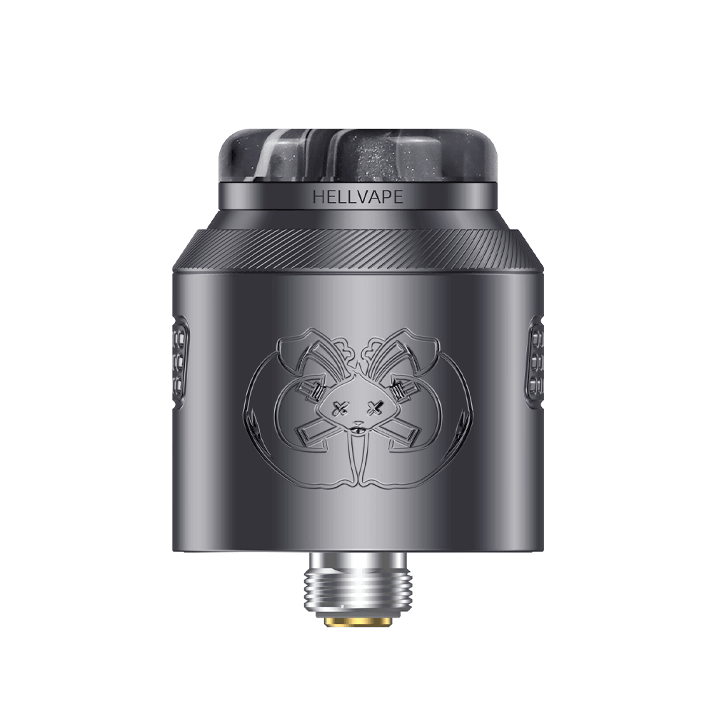 Hellvape Drop Dead 2 RDA in black with engraved design, shown on a white background.