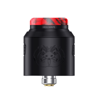 Hellvape Drop Dead 2 RDA with a black body and red drip tip, featuring engraved design.