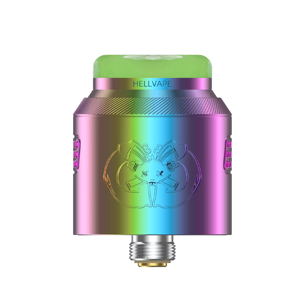 Hellvape Drop Dead 2 RDA in a vibrant rainbow finish with green drip tip.