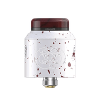 Hellvape Drop Dead 2 RDA in white with red splatter design, shown from the front.