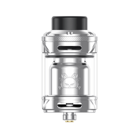 Hellvape Fat Rabbit 2 RTA in silver, showcasing its sleek design and detailed engravings.