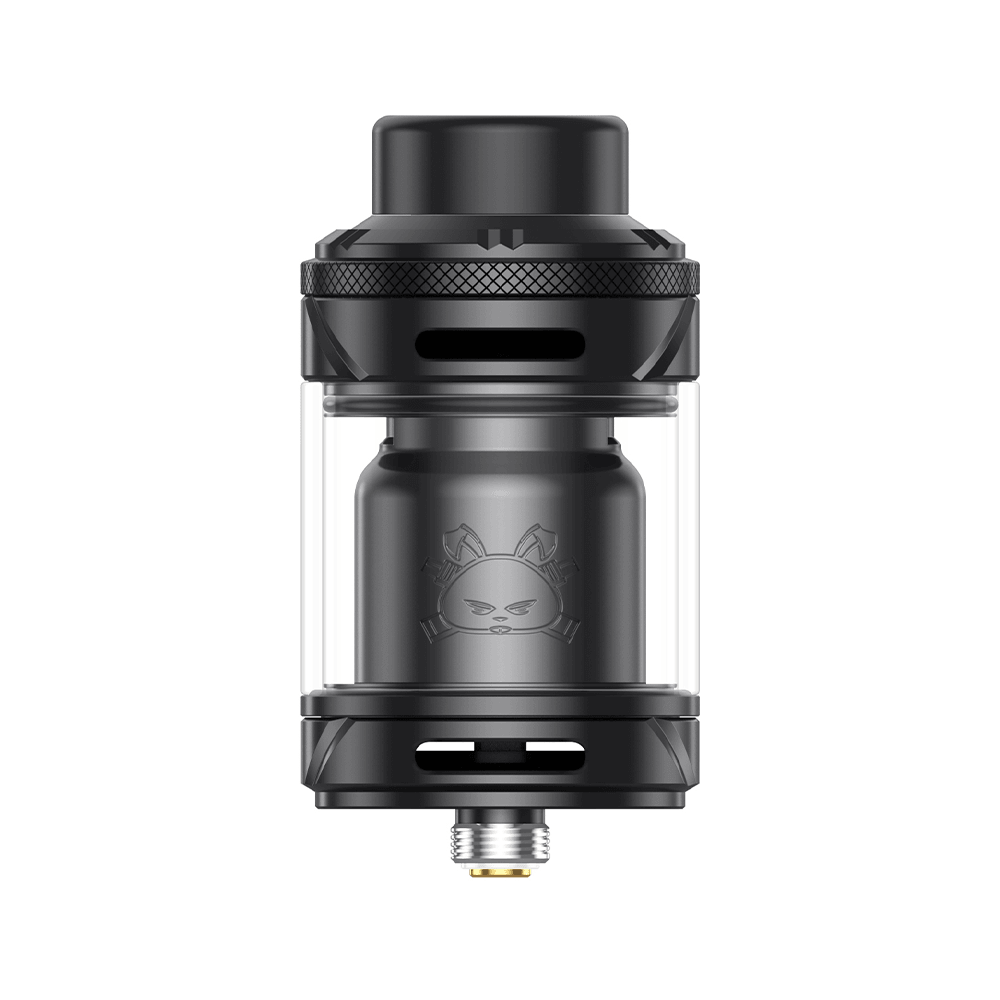 Hellvape Fat Rabbit 2 RTA in black, featuring a sleek design with transparent glass tank.