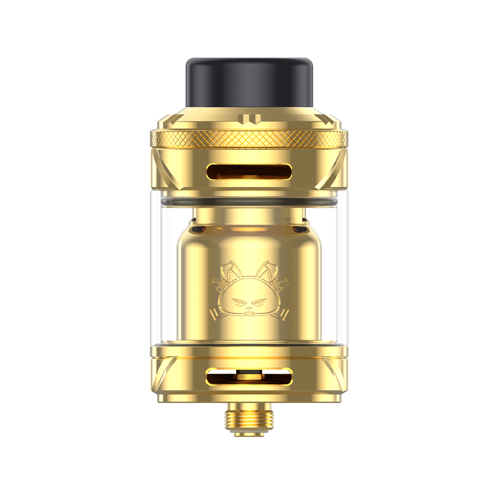 Gold Hellvape Fat Rabbit 2 RTA, detailed view with brand logo.