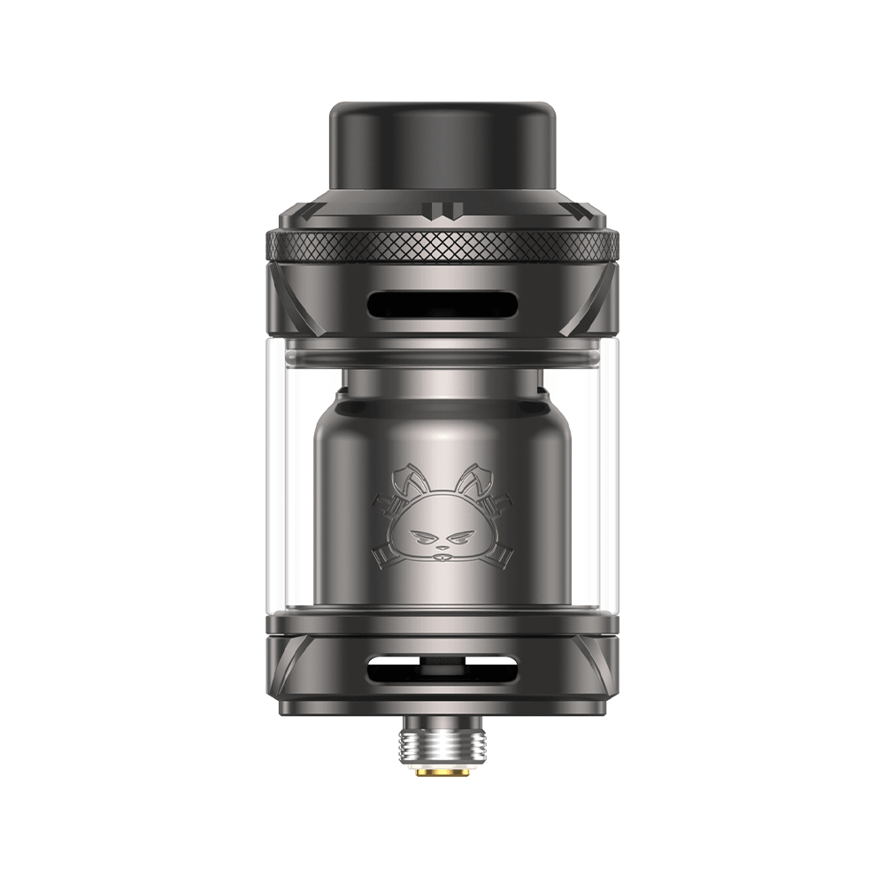 Hellvape Fat Rabbit 2 RTA in stainless steel, showcasing its sleek design and logo on the body.