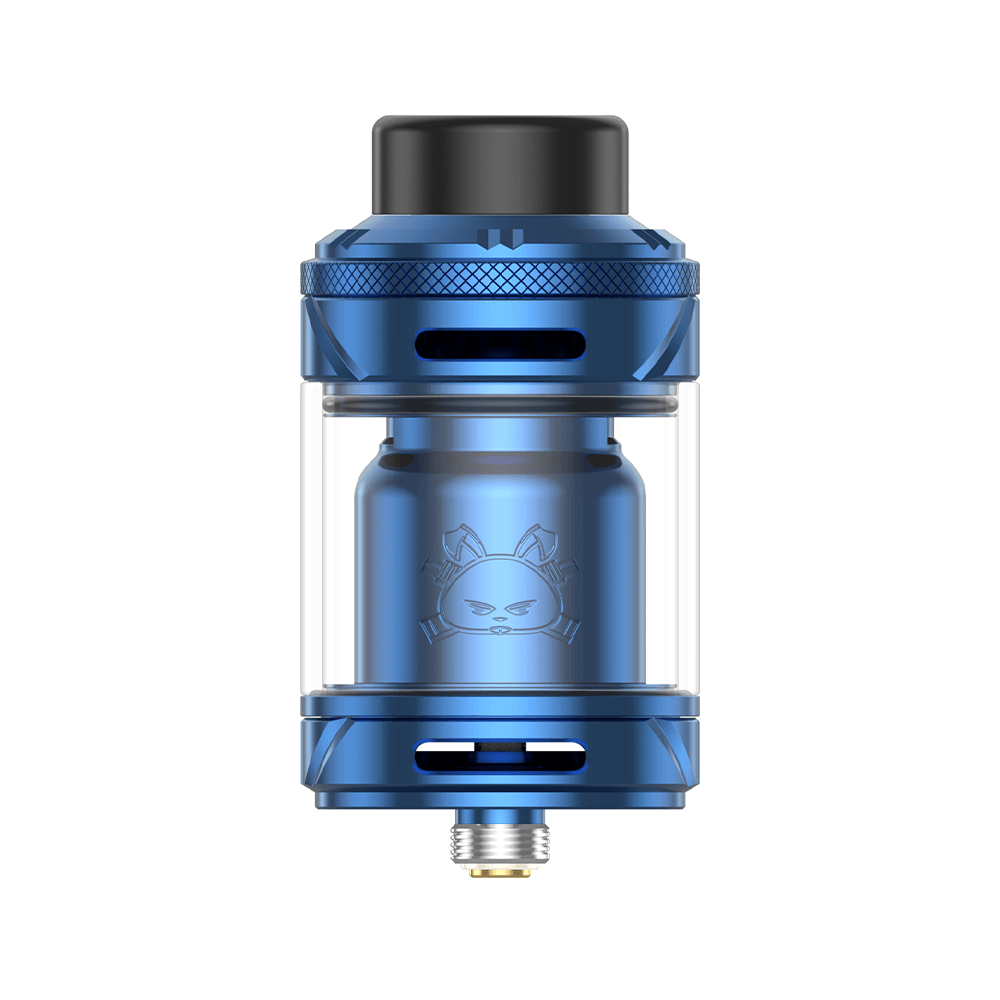 Blue Hellvape Fat Rabbit 2 RTA vape tank with transparent glass chamber.