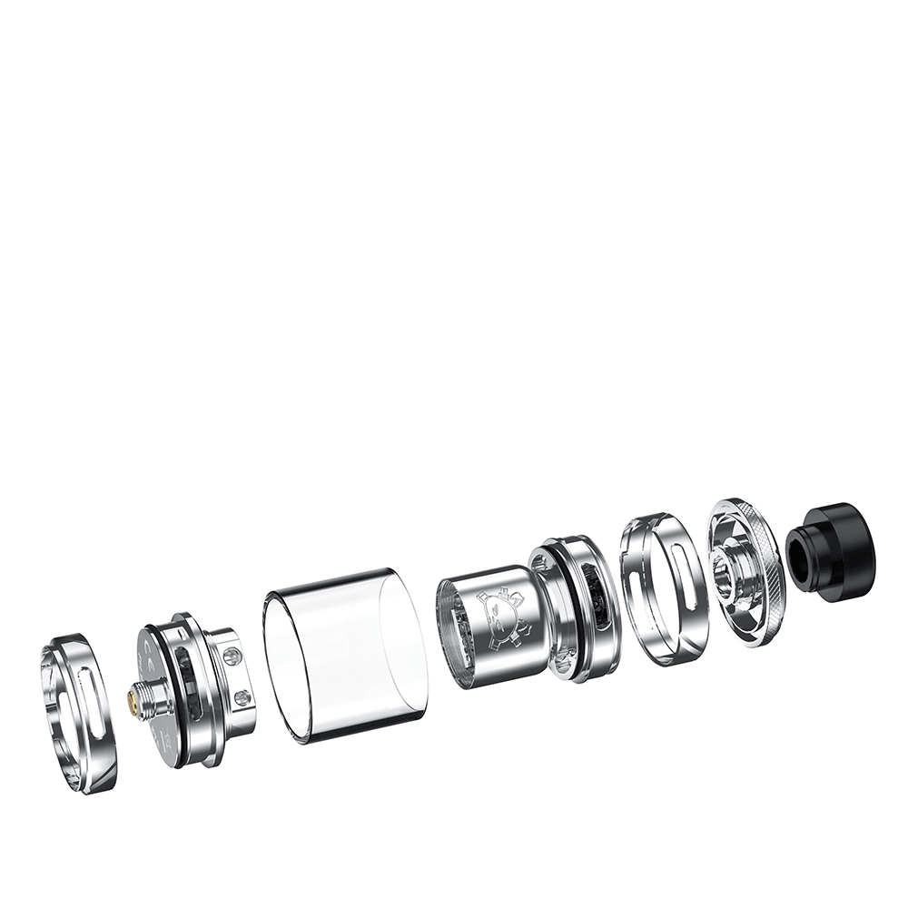 Exploded view of Hellvape Fat Rabbit 2 RTA components in silver.