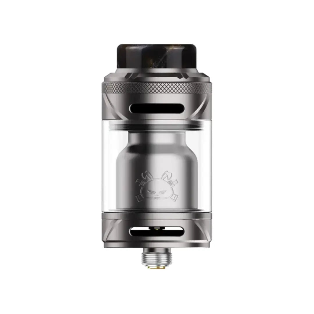 Hellvape Fat Rabbit 2 Solo RTA in gunmetal with a transparent tank and logo.