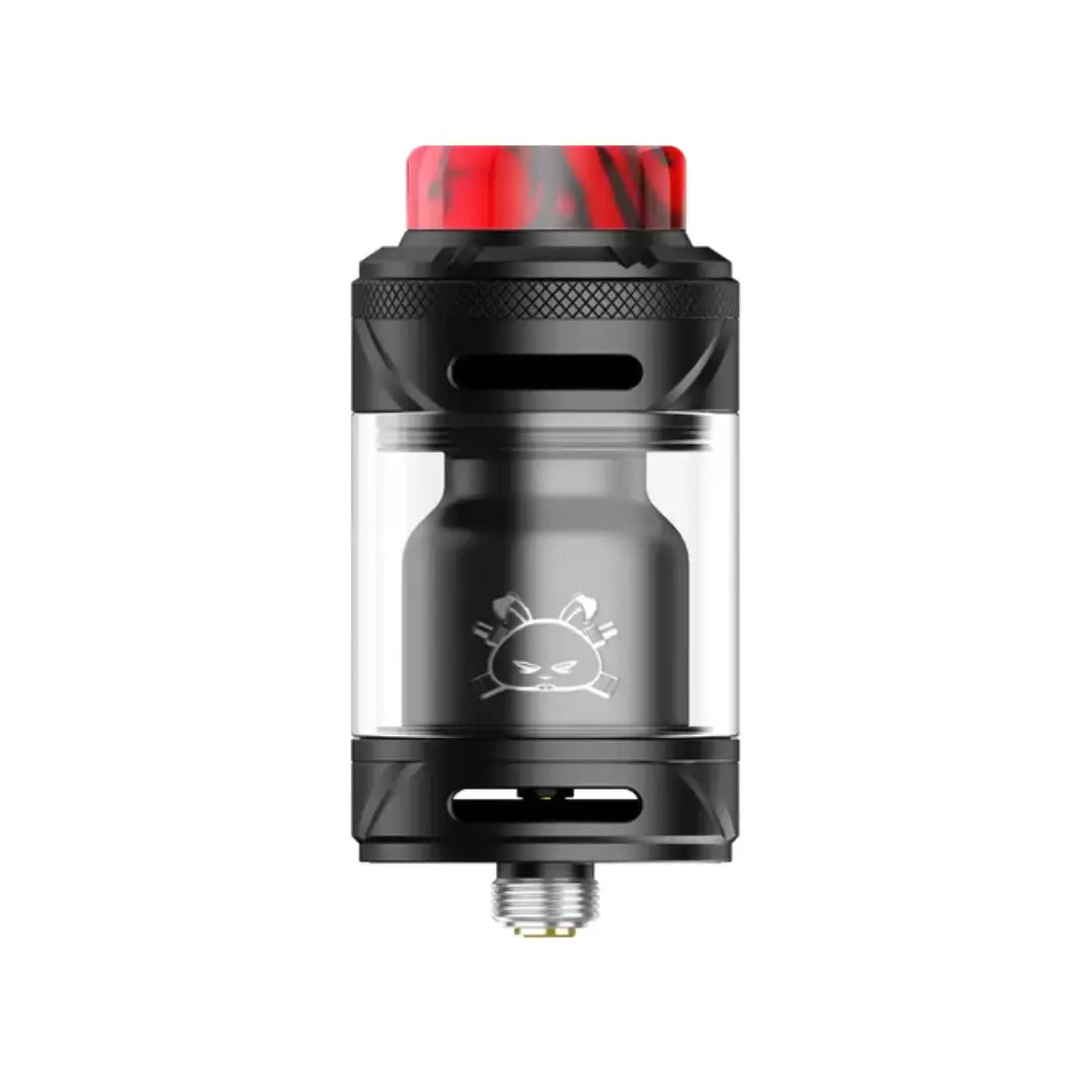 Hellvape Fat Rabbit 2 Solo RTA in matte black with a red drip tip.