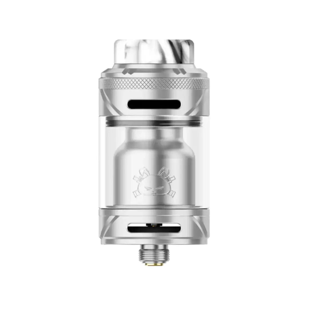 Hellvape Fat Rabbit 2 Solo RTA in stainless steel, with visible logo and airflow vents.