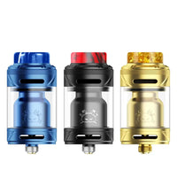 Three Hellvape Fat Rabbit 2 Solo RTAs in blue, black, and gold with transparent tanks.