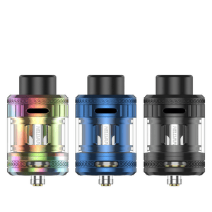 Three Hellvape Fat Rabbit 2 tanks in rainbow, blue, and black on a white background.