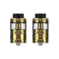 Gold Hellvape Fat Rabbit RTA 28mm with engraved logo and text, side by side.