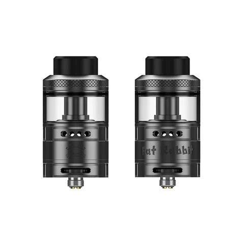 Hellvape Fat Rabbit RTA, 28mm, gunmetal finish, dual airflow design, side-by-side view.