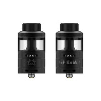 Hellvape Fat Rabbit RTA 28mm in matte black, showcasing dual tanks and engraved logos.