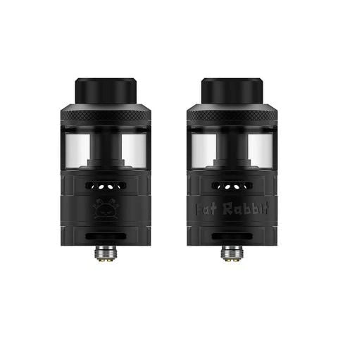 Hellvape Fat Rabbit RTA 28mm in matte black, showcasing dual tanks and engraved logo.