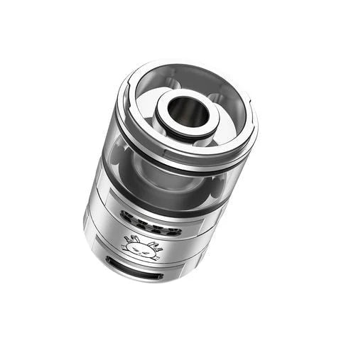 Hellvape Fat Rabbit RTA 28mm in stainless steel, showing detailed airflow design and logo.