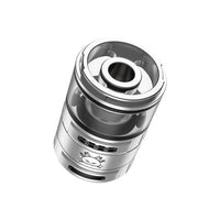 Hellvape Fat Rabbit RTA 28mm in stainless steel, showing detailed airflow design and logo.