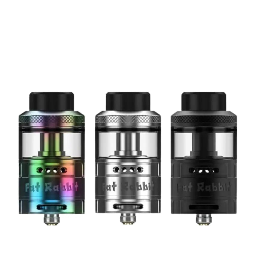 Three Hellvape Fat Rabbit RTA tanks in rainbow, silver, and black colours.