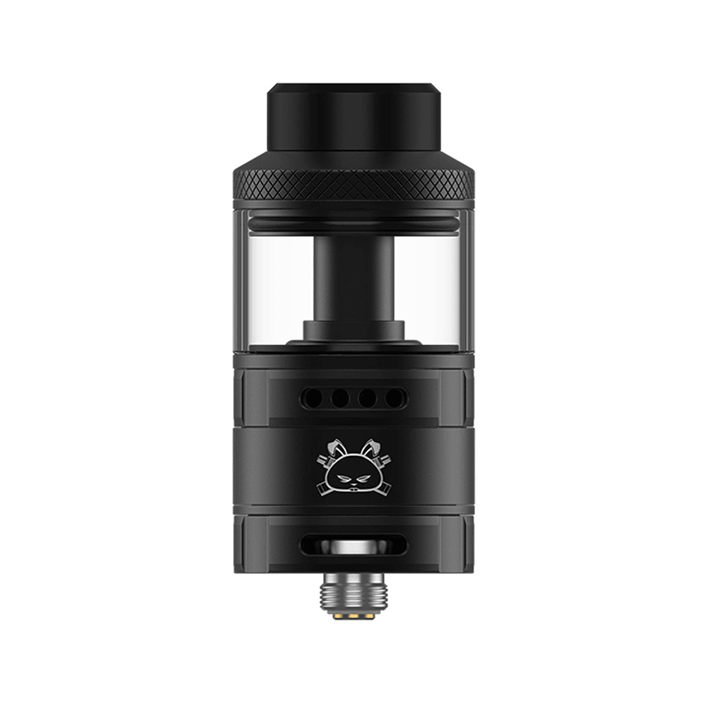 Hellvape Fat Rabbit Solo RTA, black, with clear glass tank and logo, on white background.