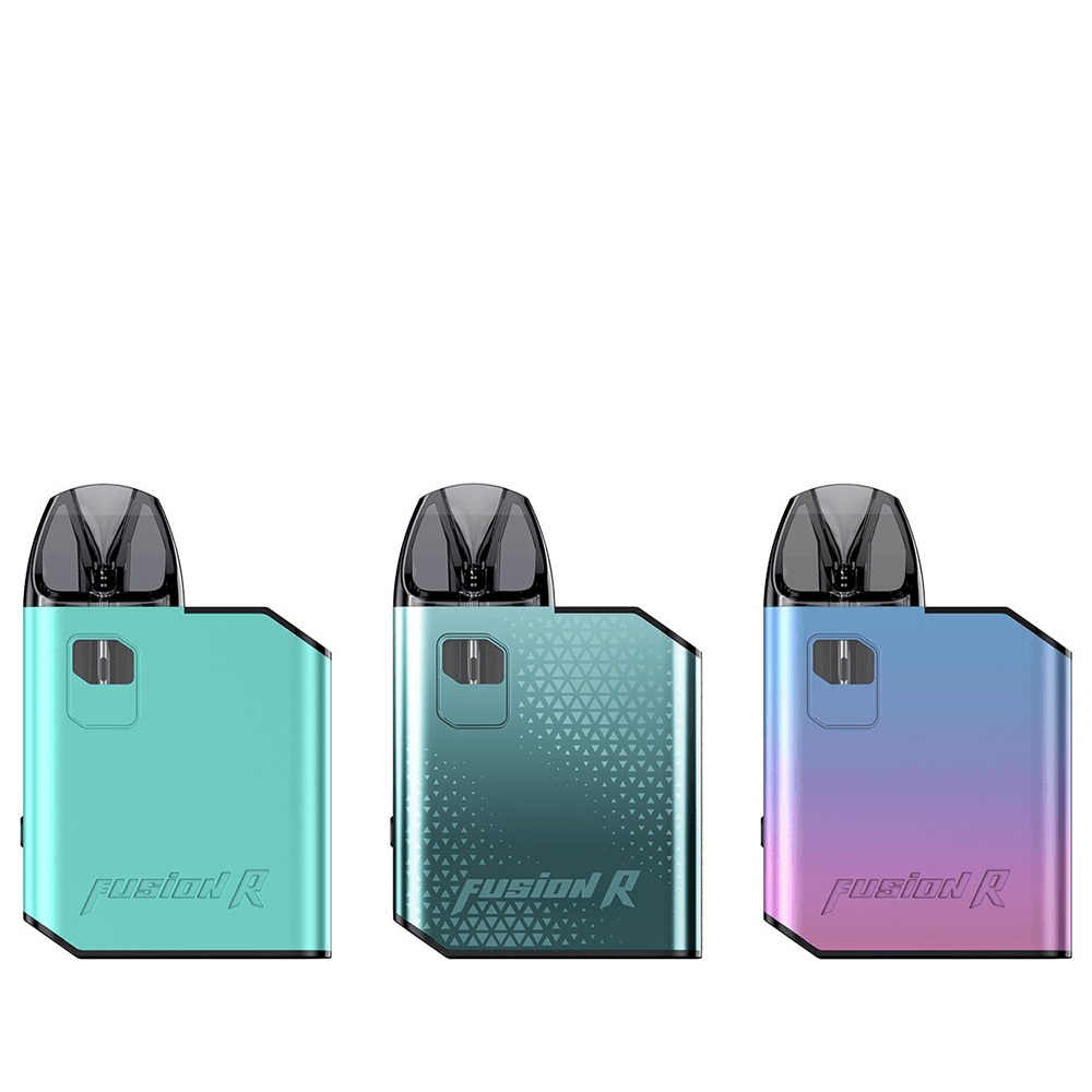 Three colourful Hellvape Fusion R pod kits in teal, green, and purple gradient.