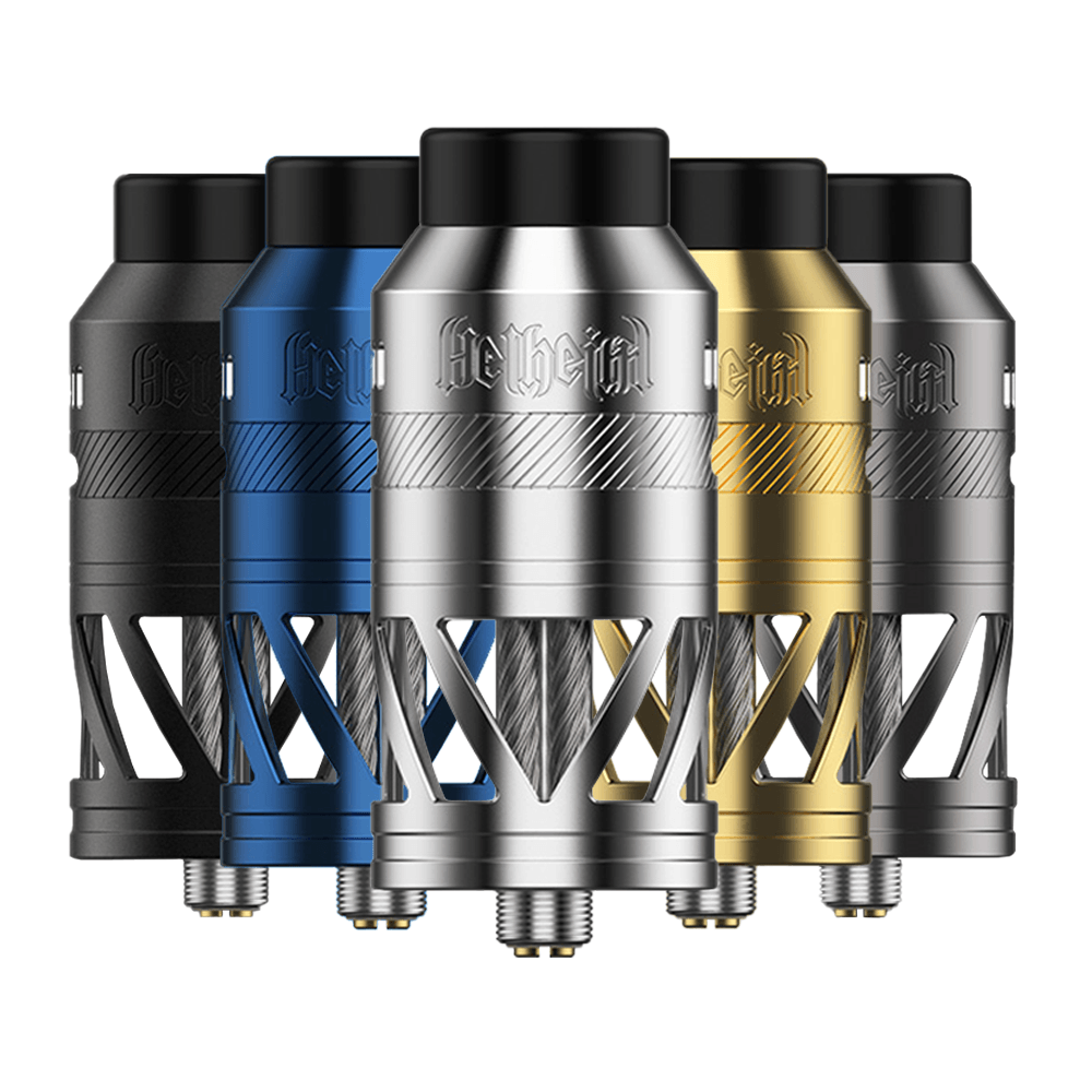 Hellvape Helheim S RDTA in black, blue, silver, gold, and gunmetal, lined up in a row.