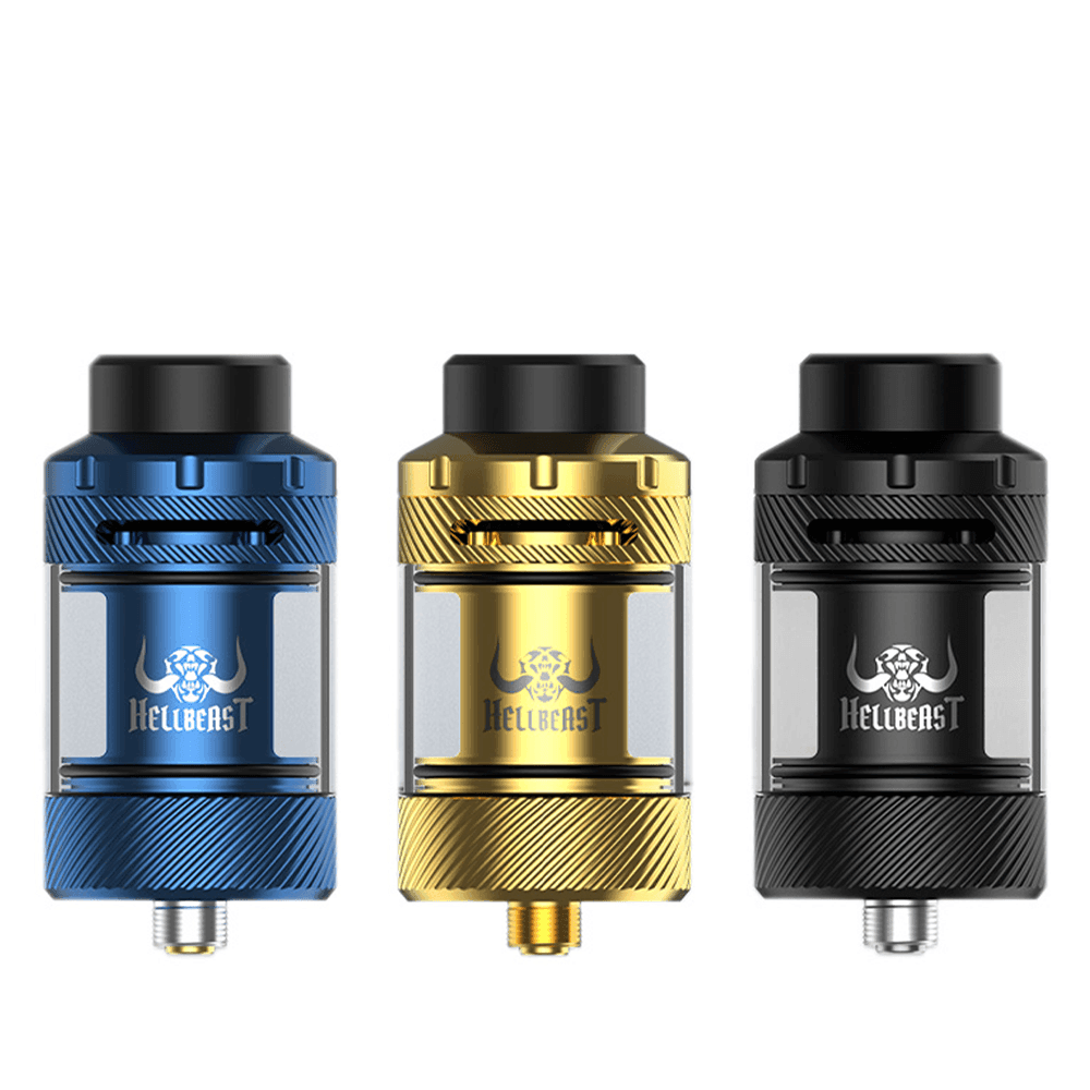 Three Hellvape Hellbeast 2 tanks in blue, gold, and black, displayed side by side.