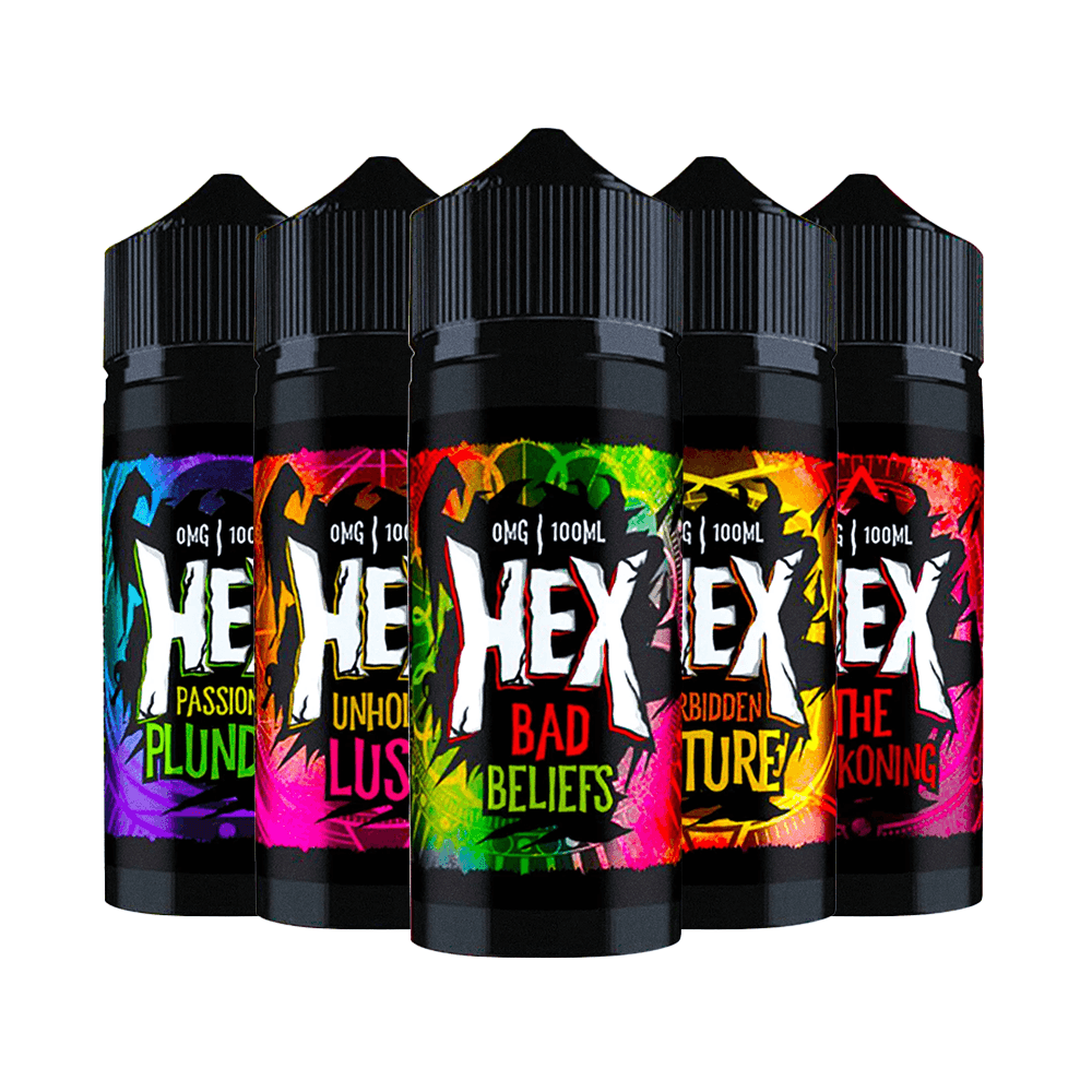 Five Hex 100ml shortfill vape bottles with colourful labels: Passion Plunder, Unholy Lust, Bad Beliefs, Forbidden Future, The Reckoning.