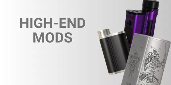 Premium high-end vape mods including a purple metallic side-by-side mod and a silver box mod with an intricate samurai skeleton engraving.