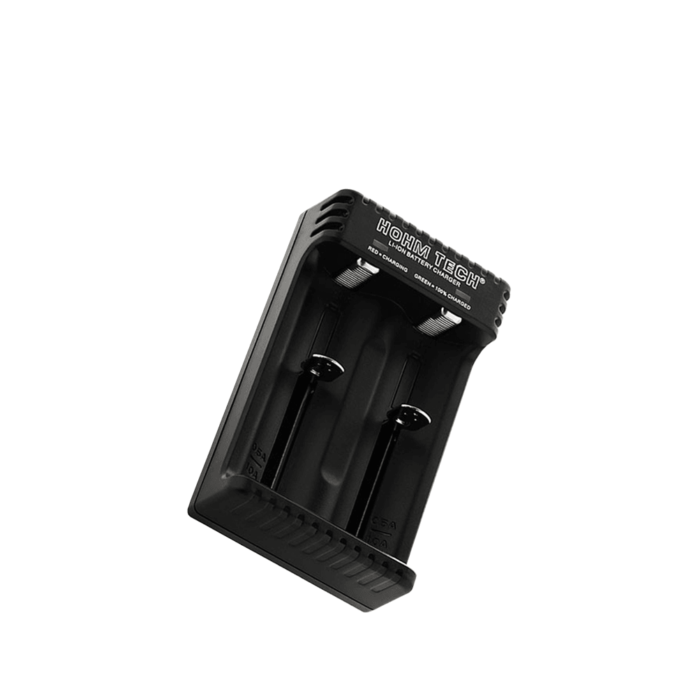 Hohm Tech 2A battery charger, black, dual slots, angled view.