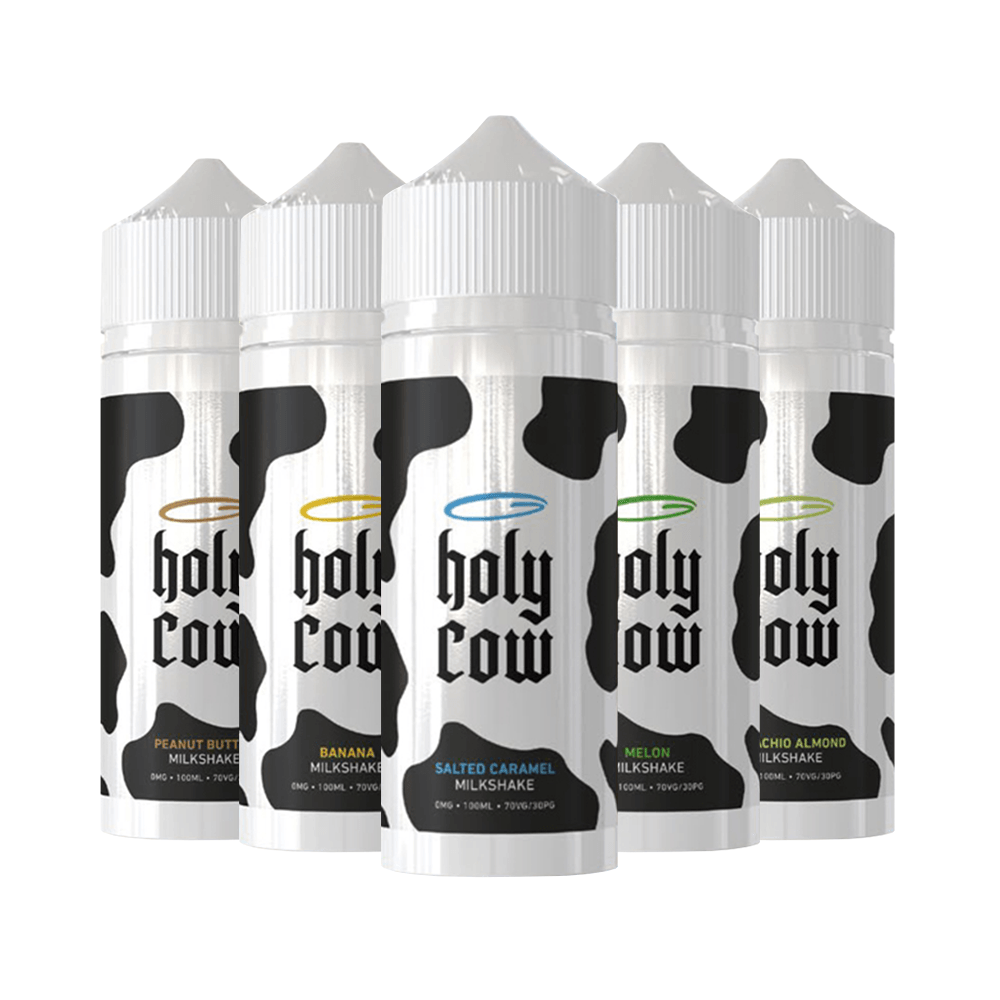 Five Holy Cow milkshake vape juice bottles in various flavours.