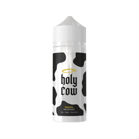 Holy Cow banana milkshake vape juice bottle with cow print design.