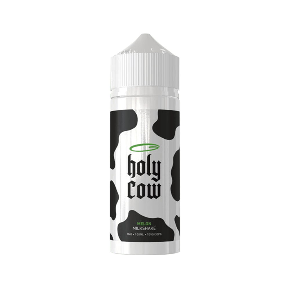 Holy Cow Melon Milkshake vape juice bottle with cow print design.