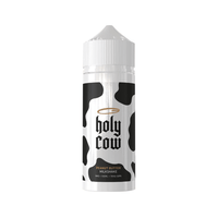 Holy Cow vape juice bottle, peanut butter milkshake flavour, cow pattern label.