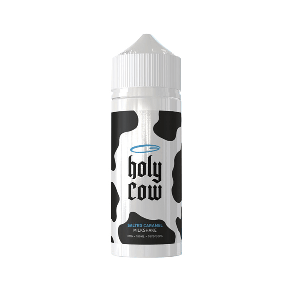 Holy Cow Salted Caramel Milkshake vape juice bottle with cow pattern design.