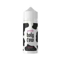 Holy Cow Strawberry Milkshake vape juice bottle, black and white cow pattern.