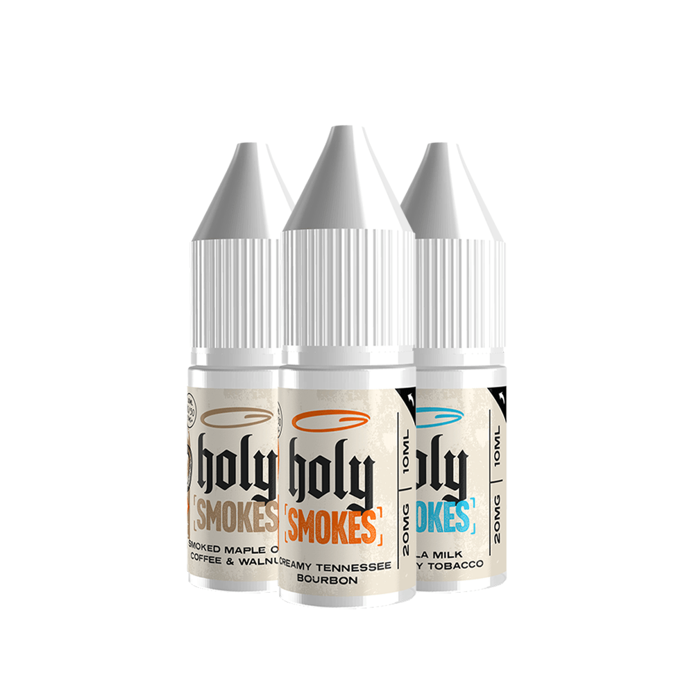 Three Holy Smokes 10ml vape juice bottles in different flavours: Smoked Maple, Tennessee Bourbon, Milk Tobacco.