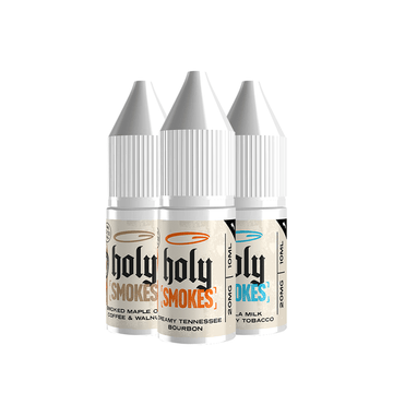 Three Holy Smokes 10ml vape juice bottles in different flavours: Smoked Maple, Tennessee Bourbon, Milk Tobacco.