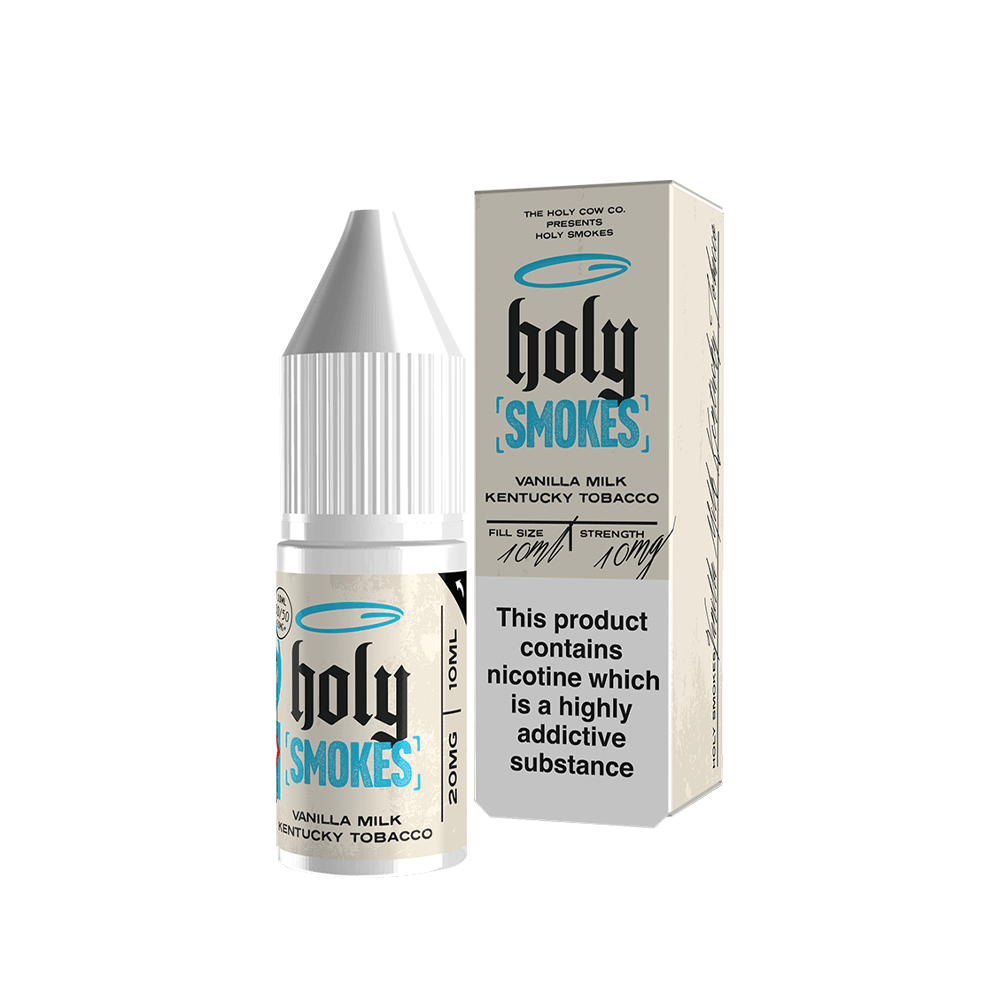 Holy Smokes 10ml bottle and box, Vanilla Milk Kentucky Tobacco flavour, by The Holy Cow Co.