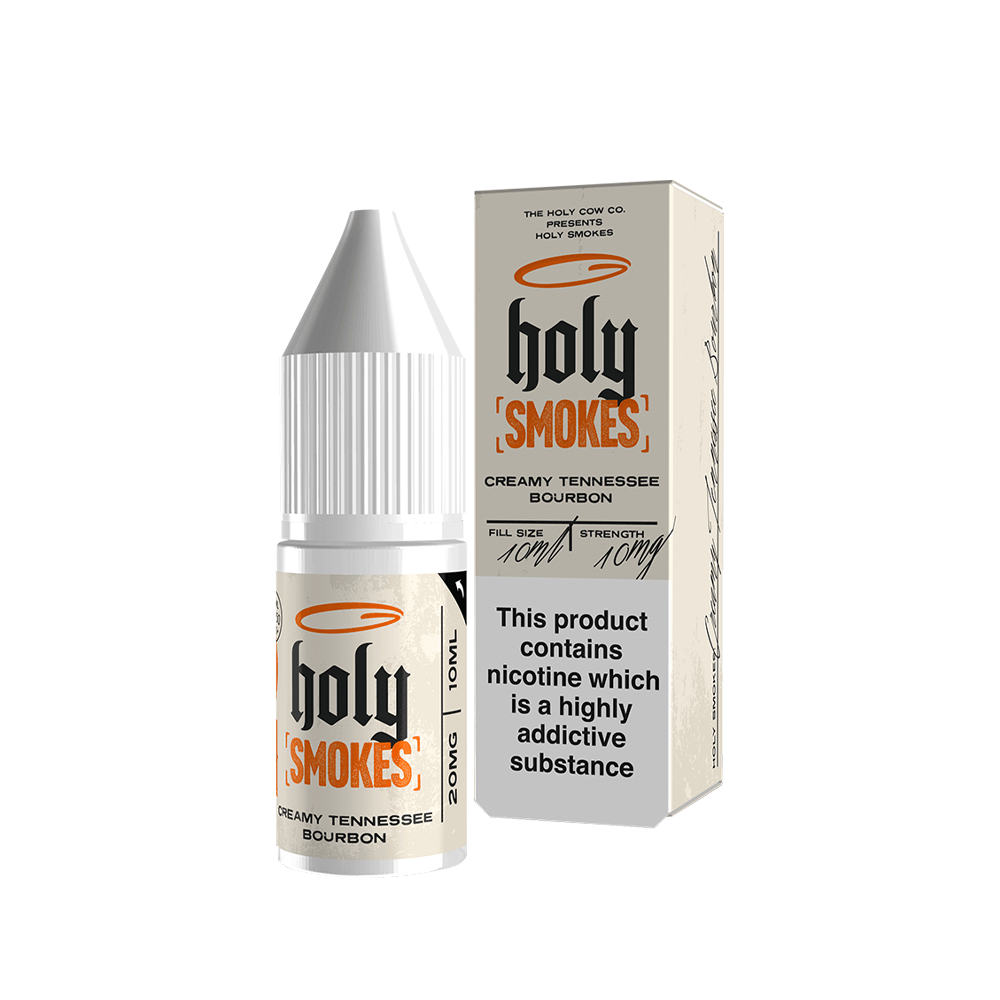 Holy Smokes 10ml e-liquid bottle and box, Creamy Tennessee Bourbon flavour, 20mg nicotine strength.