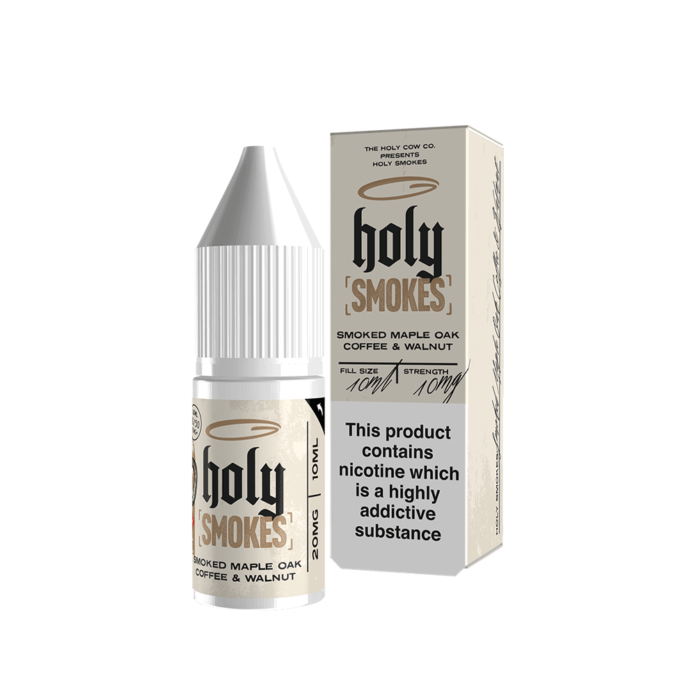 Holy Smokes 10ml vape liquid bottle and box, featuring smoked maple oak, coffee, and walnut flavour.