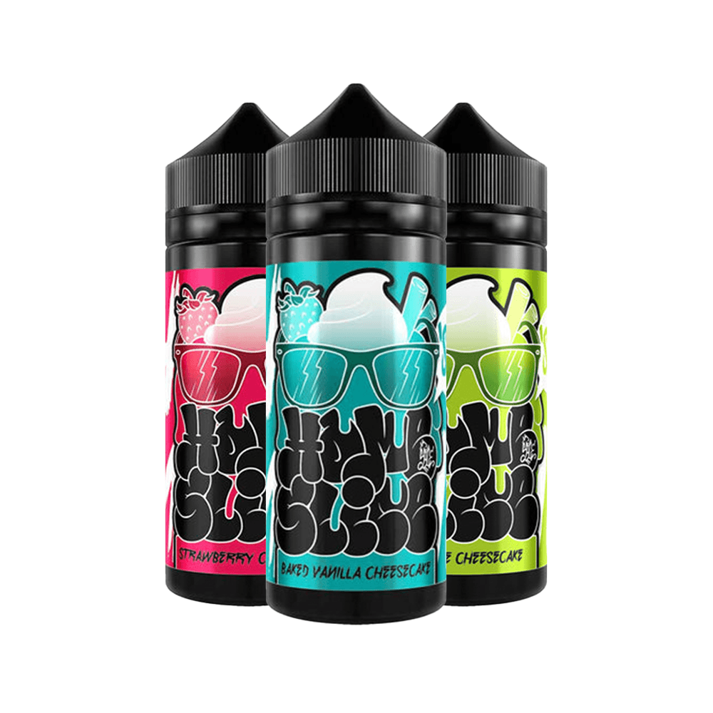 Three Home Slice 100ml e-liquid bottles: Strawberry Cheesecake, Baked Vanilla Cheesecake, Lime Cheesecake.