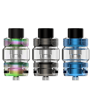 HorizonTech Falcon Legend Sub Ohm Tanks in rainbow, black, and blue on a white background.