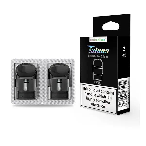 Image of HorizonTech Talons replacement pods, 0.4ohm, with packaging showing two pods.