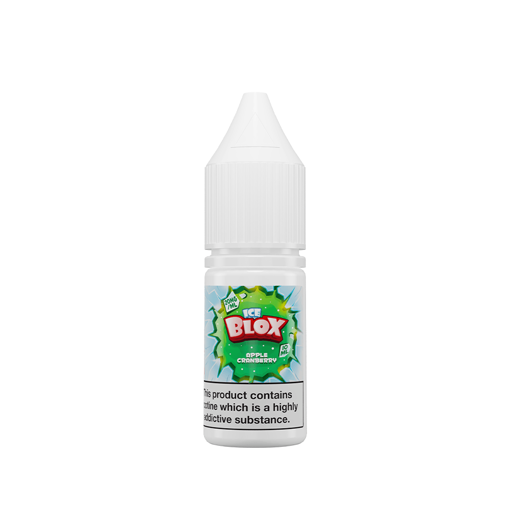 Ice Blox Apple & Cranberry 10ml vape juice bottle with nicotine warning label.