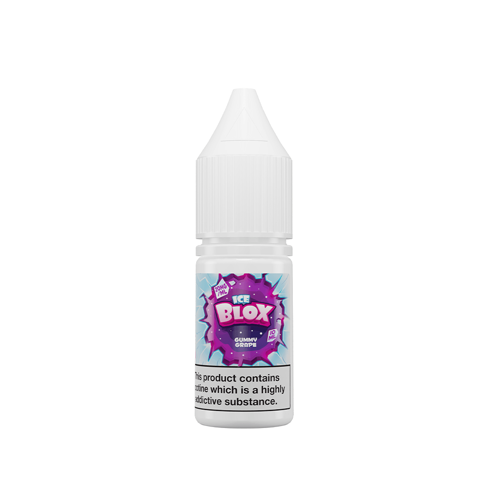 Ice Blox 10ml vape juice bottle, Gummy Grape flavour, with a white cap and vibrant label.