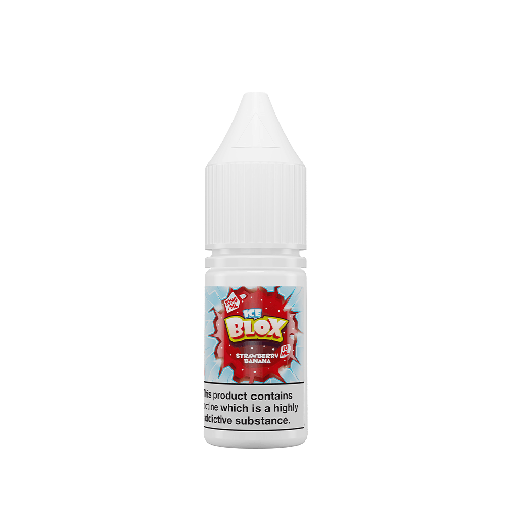 Ice Blox Strawberry Banana 10ml vape juice bottle with label and nicotine warning.