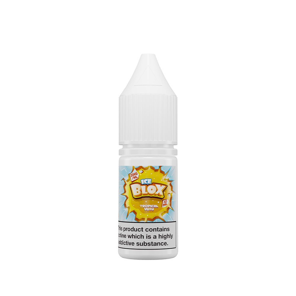 Ice Blox Tropical 10ml vape juice bottle with blue and yellow label.