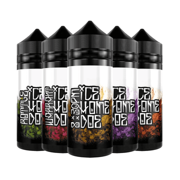 Five bottles of Ice Home Doe e-liquid, 100ml shortfill, with colourful labels.