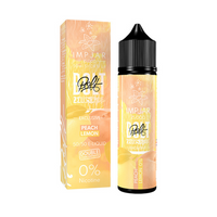 Zeus Juice Peach Lemon 50ml e-liquid bottle and box, 0% nicotine, with peach and lemon graphics.