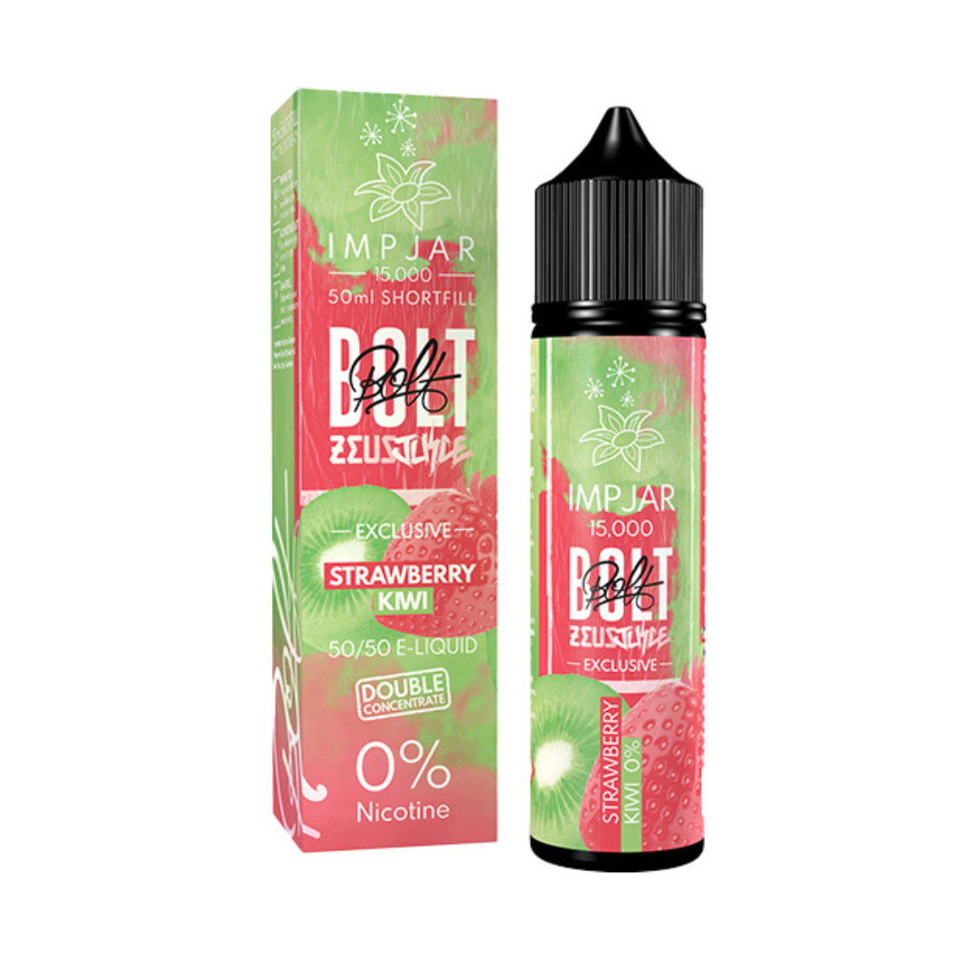 Zeus Juice 50ml Shortfill e-liquid bottle and box, Strawberry Kiwi flavour, 0% nicotine.